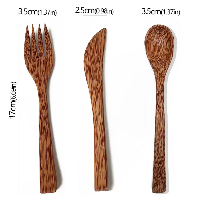 Natural Coconut Wooden Handmade Spoon Fork Knife Eating Dessert Fruit Salad Mixing Wooden Handmade Coconut Tableware Cutlery Set Picnic Cutlery Set Picnic Tableware Wooden Cutlery Set