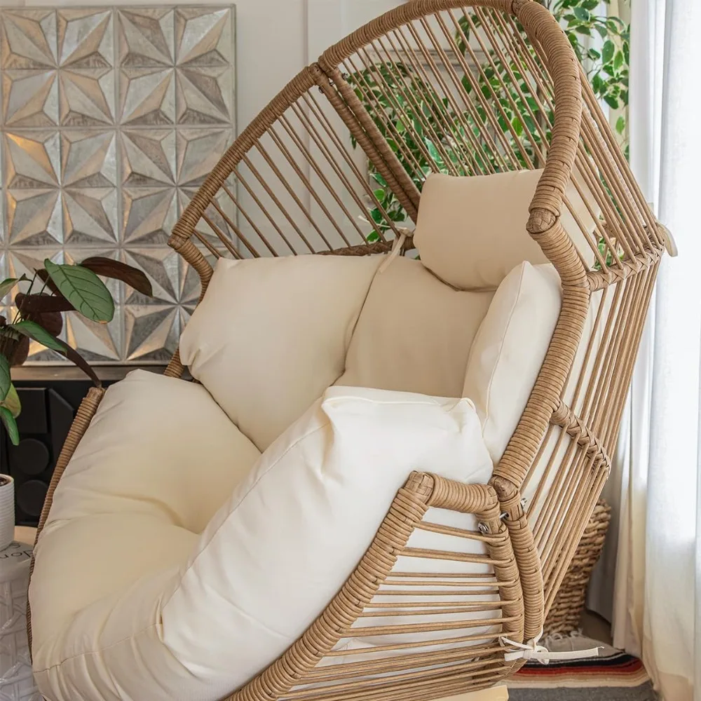 Barton 2-Pieces Stationary Wicker Egg Chair Oversized Egg Seat 350lbs Teardrop Cuddle Cocoon Chair Basket Lounge