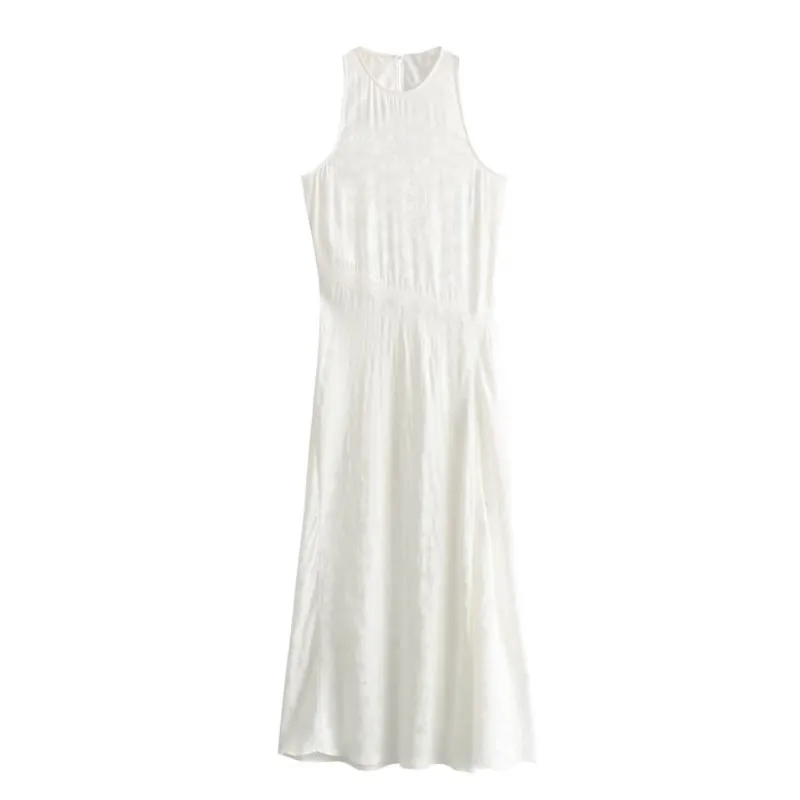 

Lace Jacquard Long Dresses For Women's New 2024 Spring Summer With Casual Sleeveless Party Dresses Solid Color Midi Dresses