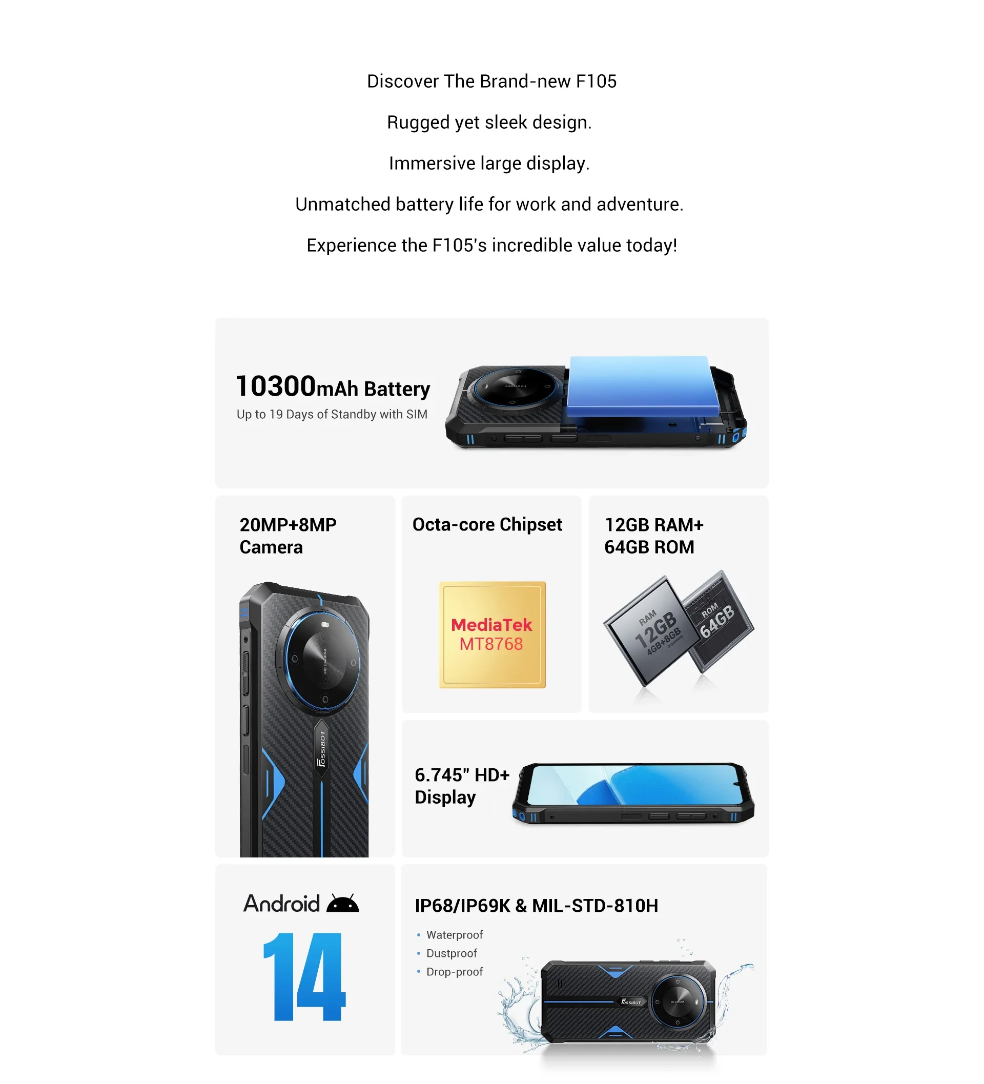 FOSSiBOT F105 Rugged Smartphone 10300mAh Android 14 OS 12+
