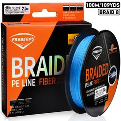 PROBEROS Ultra - Durable Braided Fishing Line - 8 Strands, 100m/109YDS, PE Multifilament Anti - Abrasion - 3 - 54LB - 0.28MM (Blue)