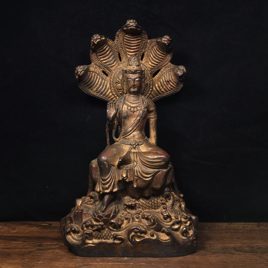 

11"Tibetan Temple Collection old Bronze Cinnabar Mud gold Nagarjuna Five Snake Heads Backlight Worship Hall Town house