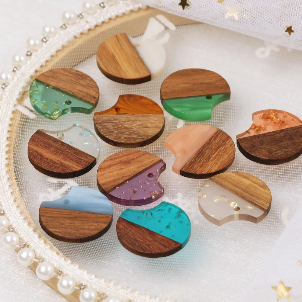 10Pcs Flat Round Resin Wood Pendant Charms with Paillette for DIY Earrings Necklaces Making Jewelry Crafting Accessories 25x25mm