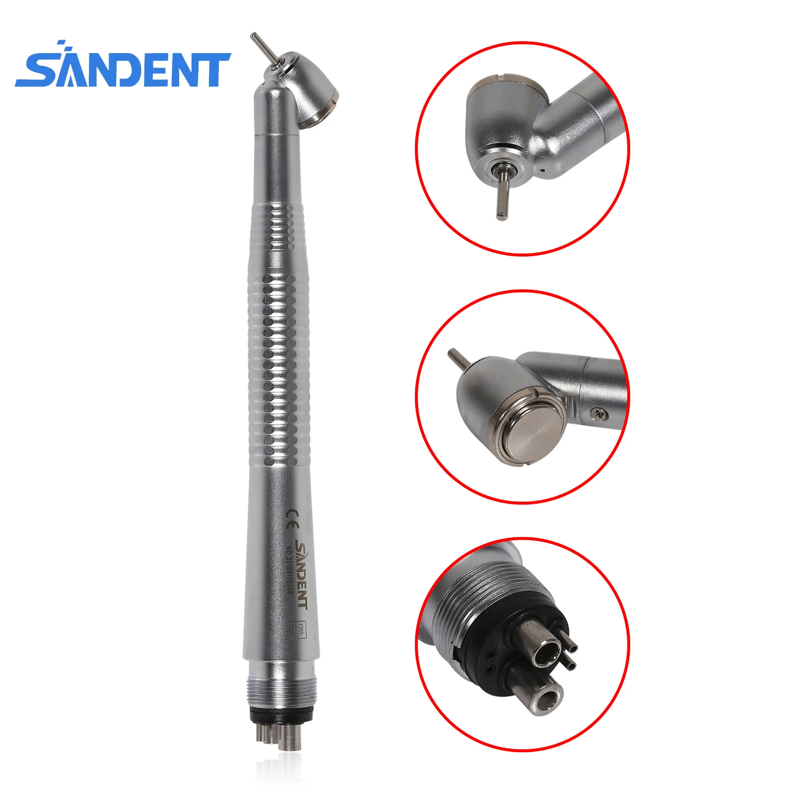 SANDENT Dental High Speed Handpiece 45 Degree Head 4 Hole Single Water Spring Push Button Type Dentist Turbine Fit NSK CA4