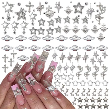 135Pcs Star Nail Charms Rhinestones Gems, Silver Star Planet Cross Nail Decorations Shiny Jewelry for Acrylic Nail Accessories 1
