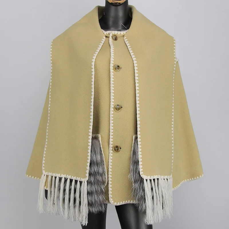 

Real fur Real Silver Fox Fur Pocket Winter Women Jacket Wool Blends Cashmere Coat Knitted Tassel Scarf Collar Loose Outerwear
