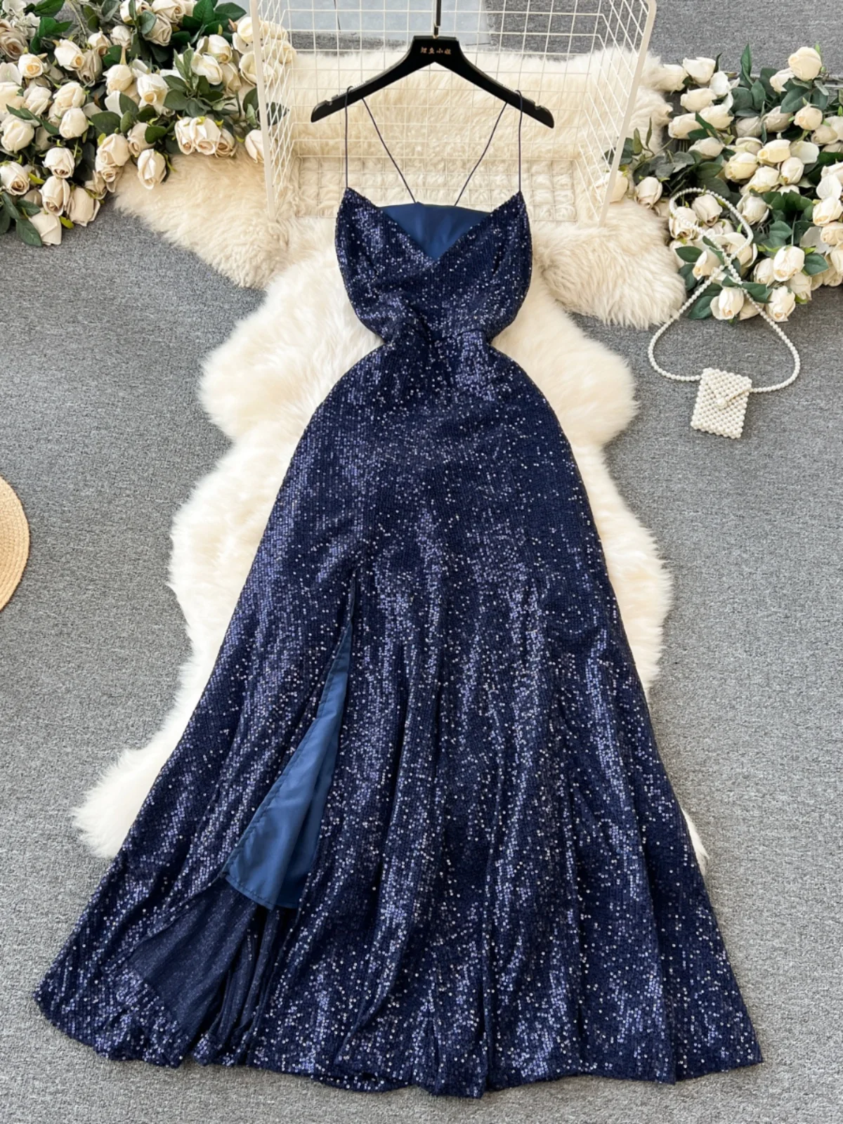 F86 Sweet Memory Banquet Blue Sequin Cocktail Party Dress Sexy Backless Strap Slim Long Light Luxury Sequined Dress