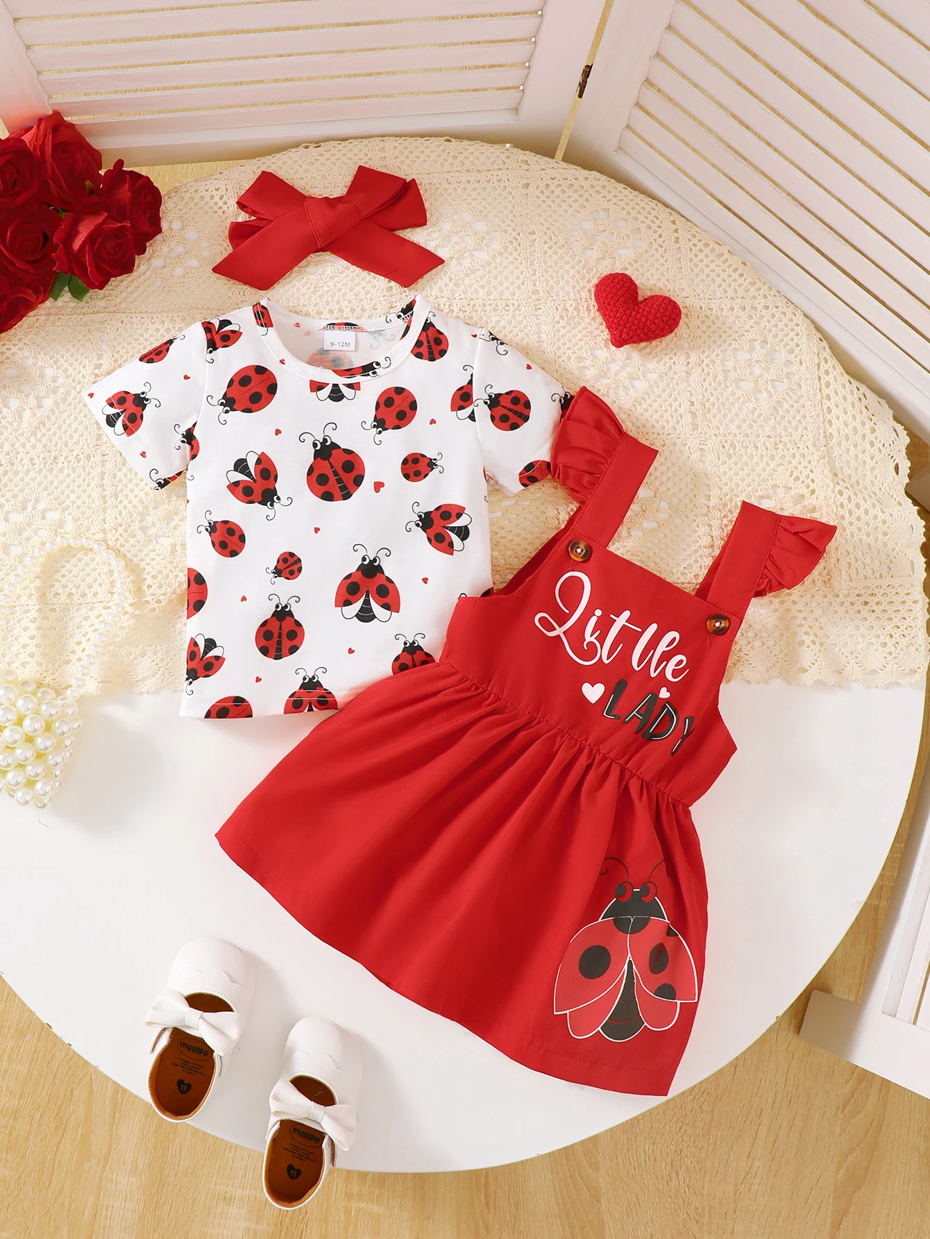 Baby Girl Ladybug Printed Outfit Set 3PCS Short Sleeve T-Shirt + Suspender Skirt+Headband for0-3Y Newborn Summer Casual Clothes 1