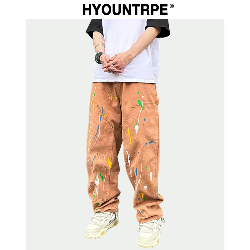 Fashion Graffiti Printed Denim Jeans Mens High-street Zipper Straight Jeans Hip Hop Streetwear Casual Loose Joggers Jeans Pants