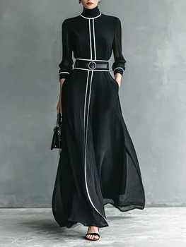 Elegante Abito Lungo in Chiffon Francese, Collo Alto, Maniche Lunghe con Bordo Bianco, Ideale per Ufficio, Affari, Banchetti e Feste
