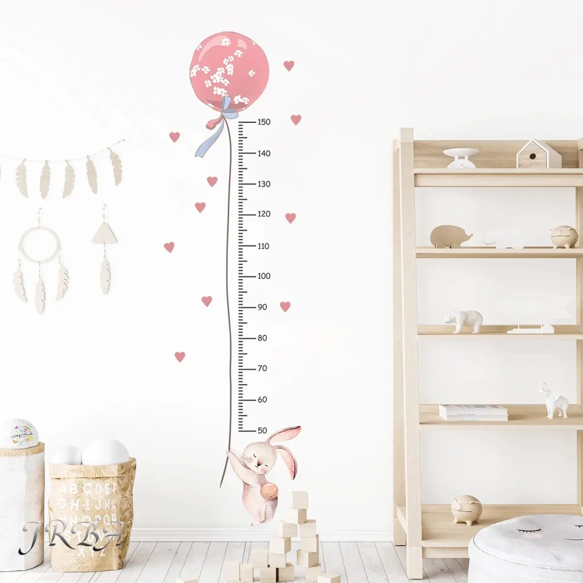 2Pcs Cartoon Rabbit Balloon Height Measurement Wall Stickers for Kids Room Bedroom