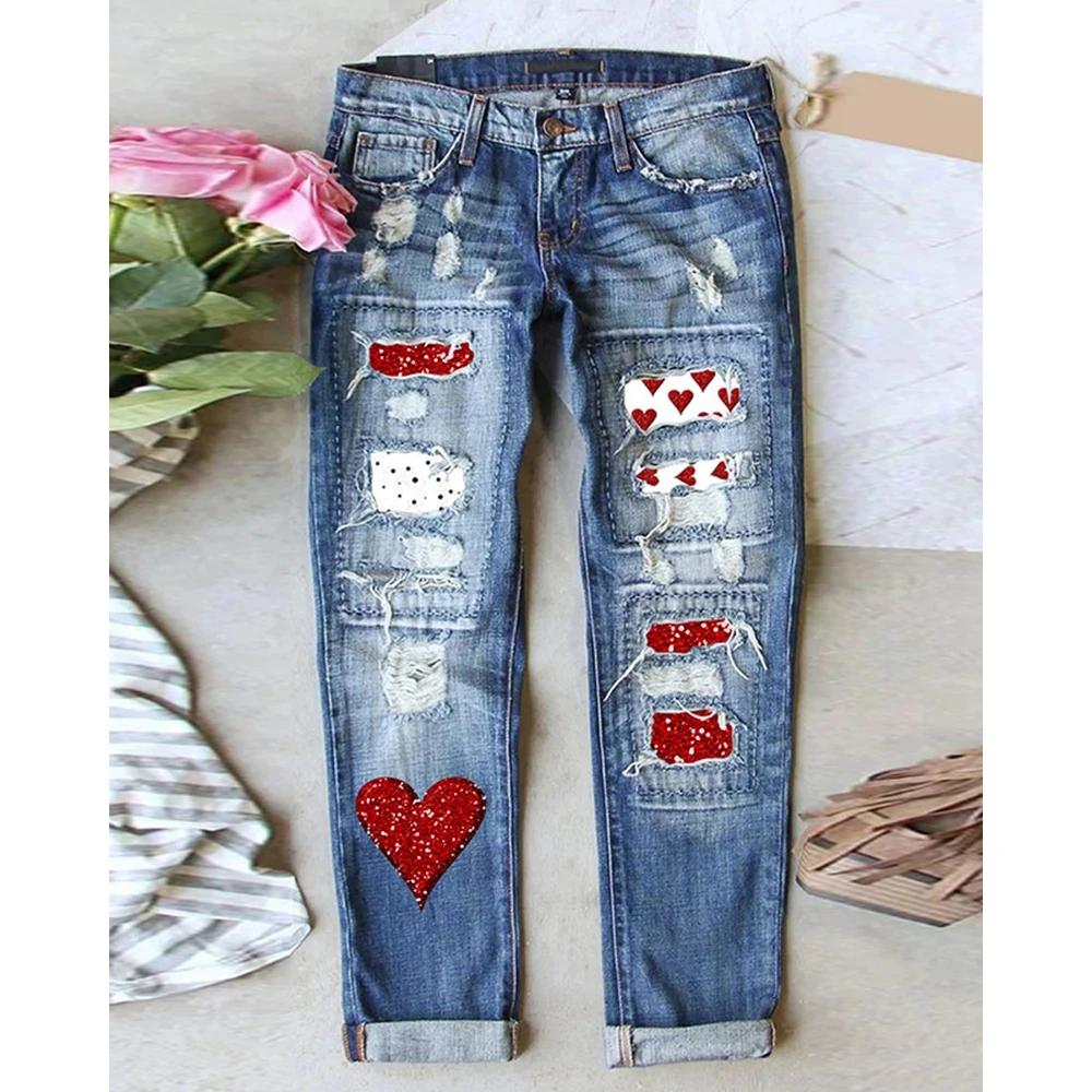 Valentine's Day Heart Pattern Ripped Jeans Spring Women Fashion Lady Casual Wash Denim Skinny Pants Fashion Femme Long Trousers fashion spring and summer new women s clothing tidian stretch wash hole small feet street style denim trousers women jeans lady