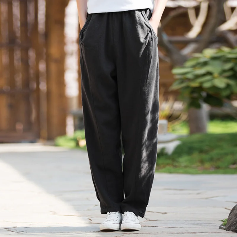 Summer Loose Plus Size Chinese Style Pants Ramie Stitching Casual Trousers Yoga Sand Wash All-match Bloomers for Women