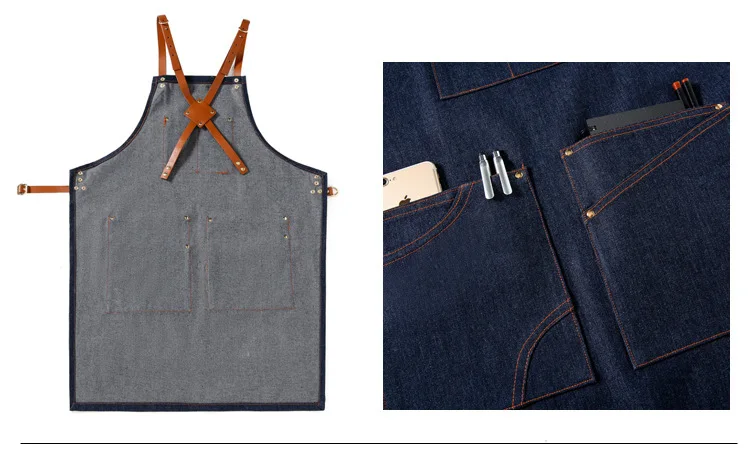 Modische, verdickte Denim-Canvas-Schürze mit Ledergürtel für Schönheitssalon, Café, Floristen, anpassbares Logo – Detail 6