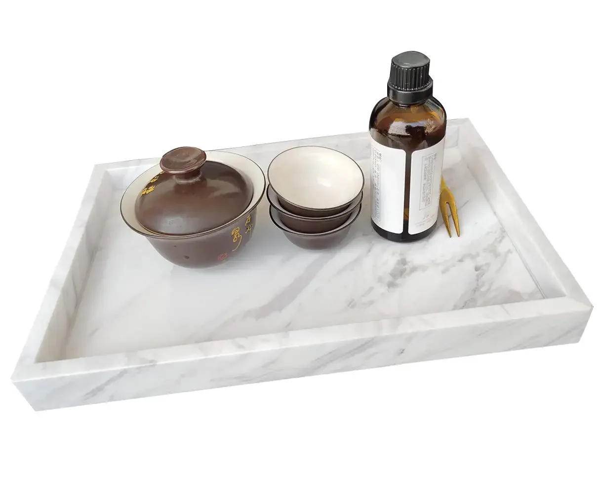 Handmade 30x20x3CM Natural Marble Yellow Travertine Rectangle Luxury Vanity Tray Stone Organizer