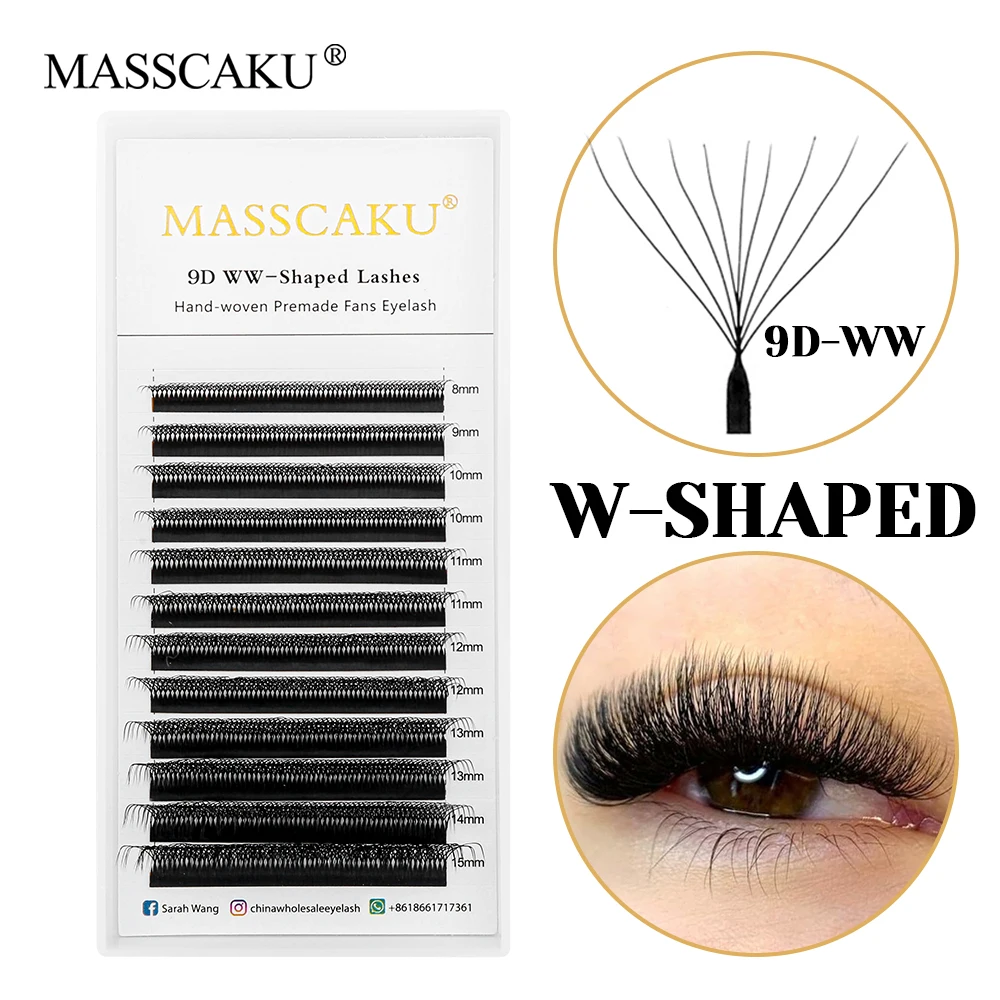 New Arrival MASSCAKU Premium Velvet Fiber W Shaped Premade Volume Fans Eyelashes Hand-woven 6D/7D/8D/9D/10D W Style Lashes Trays