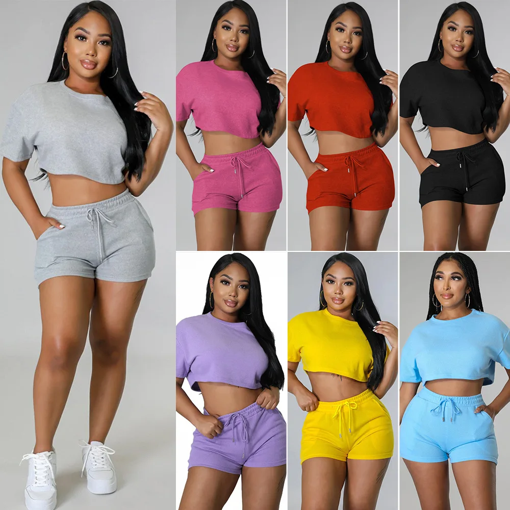 

New European and American women's fashion sports leisure short solid color two-piece suit