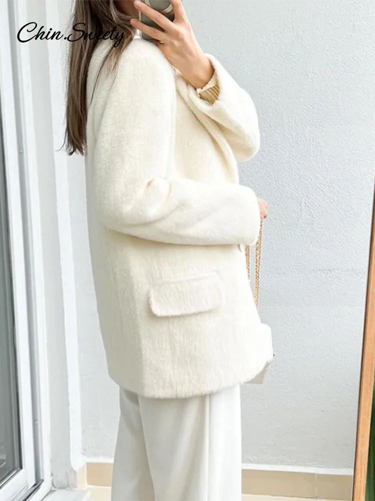 White Mohair Blazer Coat Women Loose Lapel Single-breasted Long Sleeve Thick Warm Jackets 2025 New Office Lady Street Outerwear