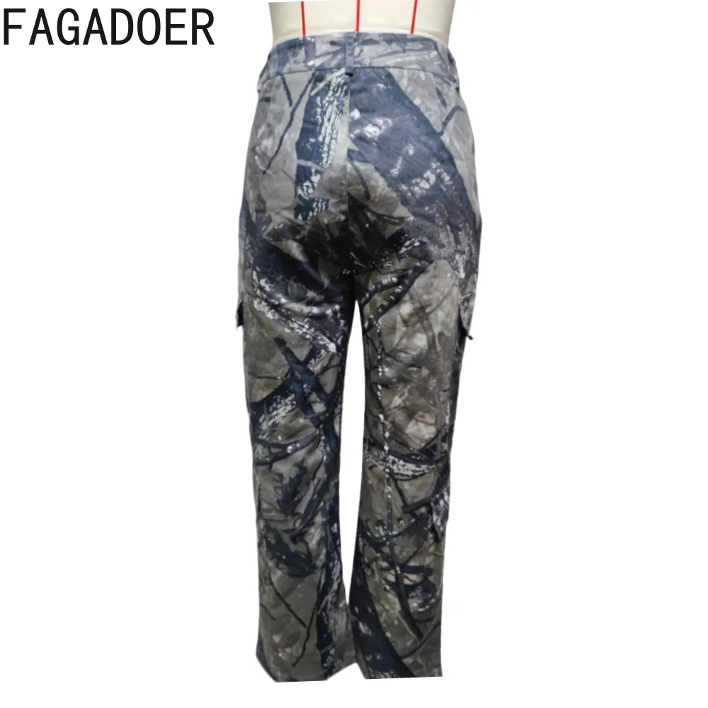 FAGADOER Spring New Splicing Camouflage Print Jogger Pants Women High Waisted Button Pocket Trousers Casual Female Trend Bottoms