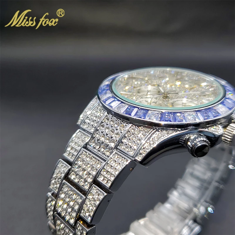 MISSFOX hommes montres de luxe grand boîtier avec Baguette plein diamant Quartz montre-bracelet chronographe calendrier montre_voghion.com