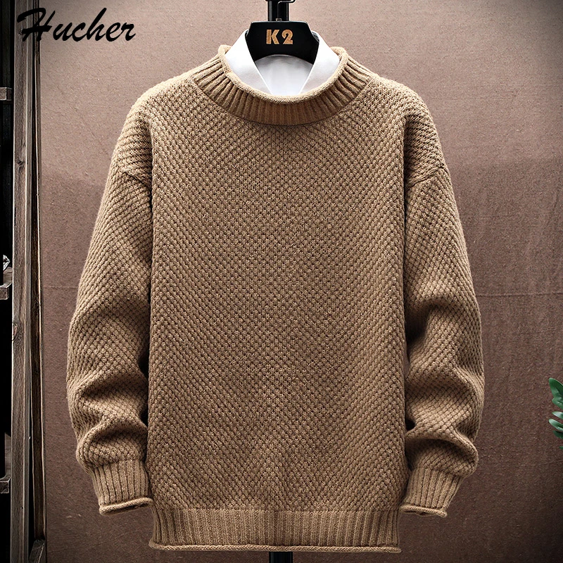 

Huncher Mens Knitted Sweater Men 2023 Winter Warm Vintage Casual Oversized Jumper Male Korean Fashion Mock Neck Sweaters For Men