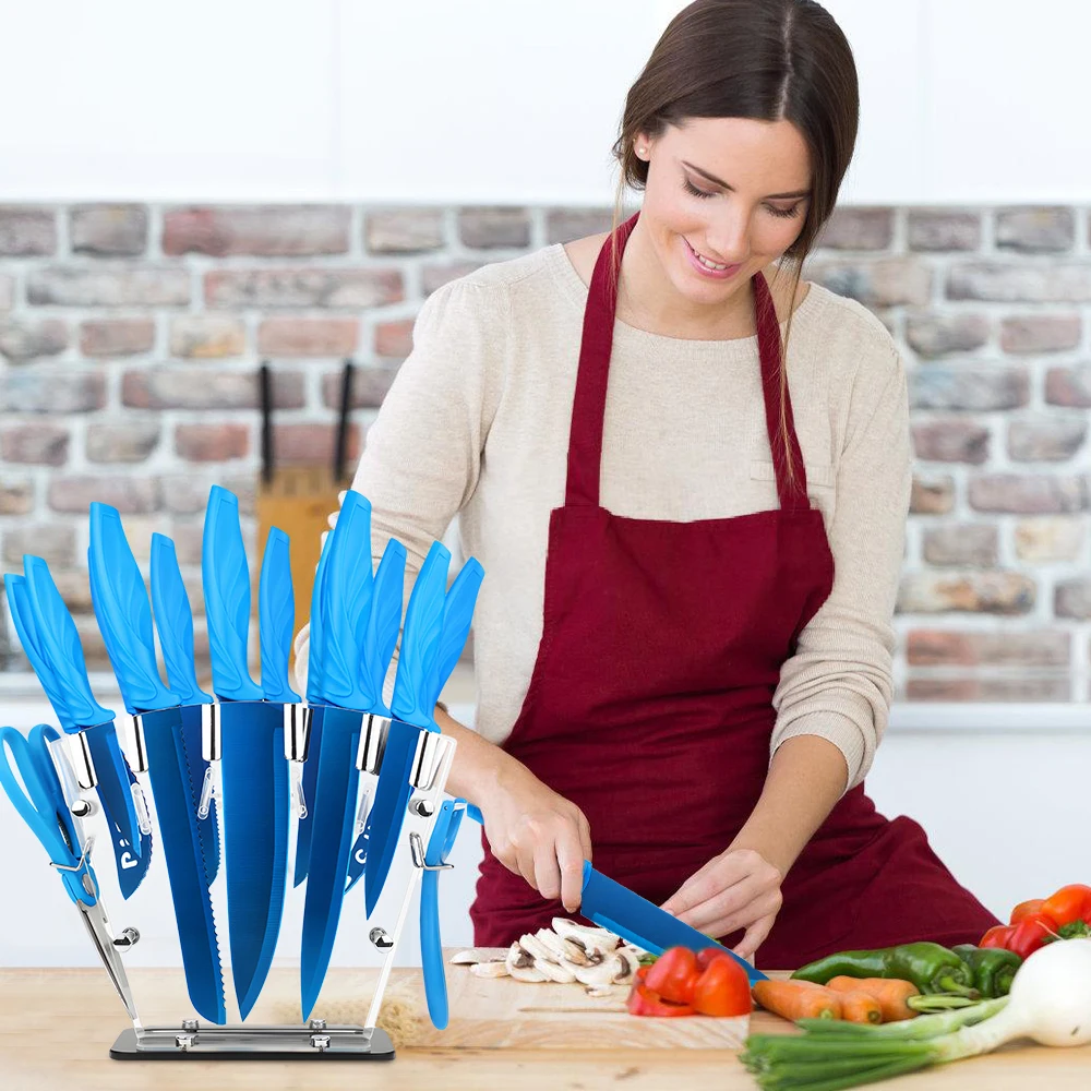 MDHAND Blau 17-teiliges Küchenmesser-Set, rutschfeste Griffe, professionelles Kochmesser, Brot, Steak, Obst, Schäl, Utility-Küchenmesser – Detail 1