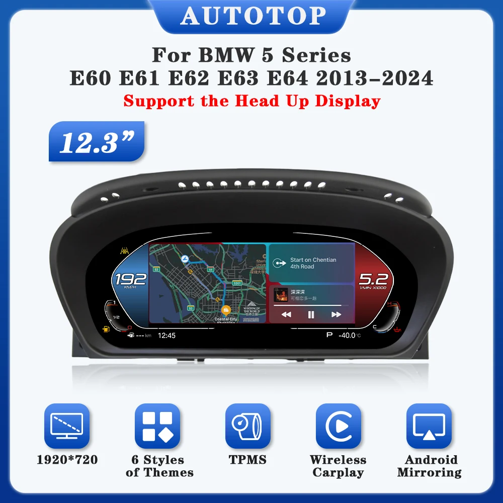 AUTOTOP 12,3 "1920*720 Linux Instrumento de tablero LCD Carplay inalámbrico para BMW Serie 5 E60, Panel de grupo de calibre HD, velocímetro 1