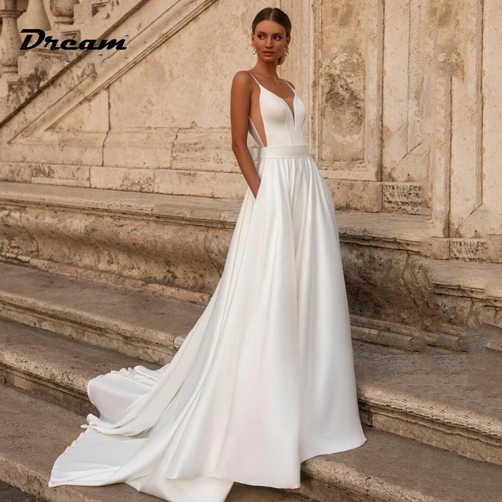 DREAM Customized Satin Spaghetti Straps A-Line Wedding Dresses Sexy Backless Bridal Gowns Sweep Train Vestidos Novias Boda 2025 2
