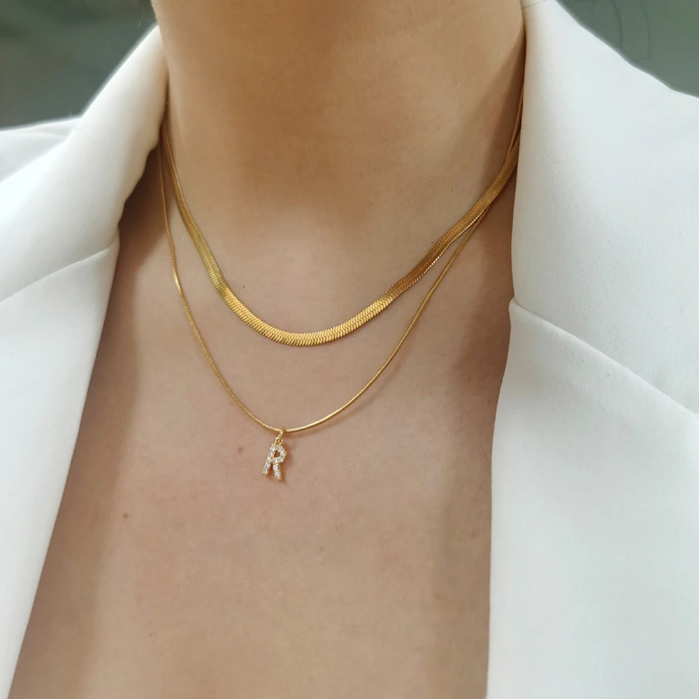 SUNIBI Stainless Steel Flat Snake Chain Initial Necklace Name Customized Choker Necklace Women's Jewelry