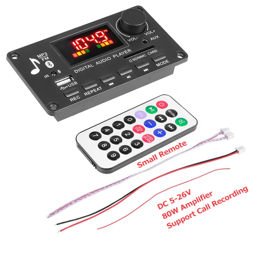 New 80W Amplifier MP3 Player Decoder Board DC 5V-26V Bluetooth5.0 Car FM Radio Module Call Recording Support TF USB AUX 3.5 WAV ipod mp3 player MP3 Players