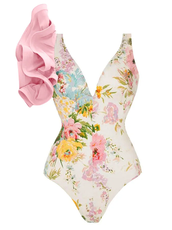 

2024 Fashion Floral Print Ruffle One Piece Swimsuits Cover Up Set Women Pink Chic Swimwear Bikini Sluxury Bathing Suit Beachwear