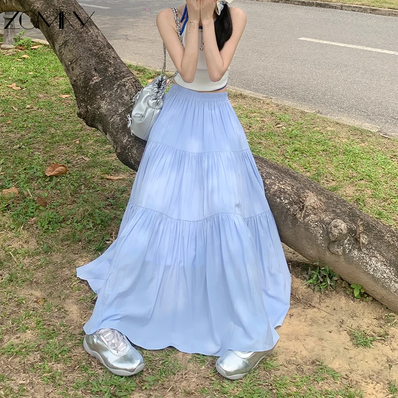 

ZOENOVA French Fashion Women Elegant A-Line Skirt Summer New Solid Elastic Waist Loose Casual Versatile Party Cake Pleated Skirt
