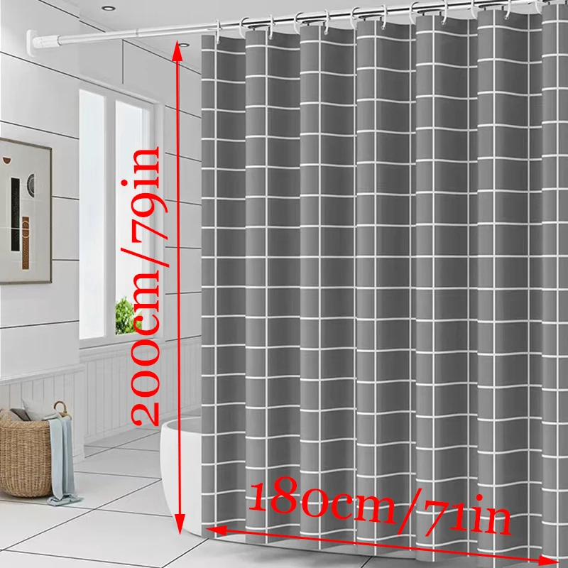 Textured fabric shower curtain 180cm x 200cm gray and white printed plaid with hook shower curtains
