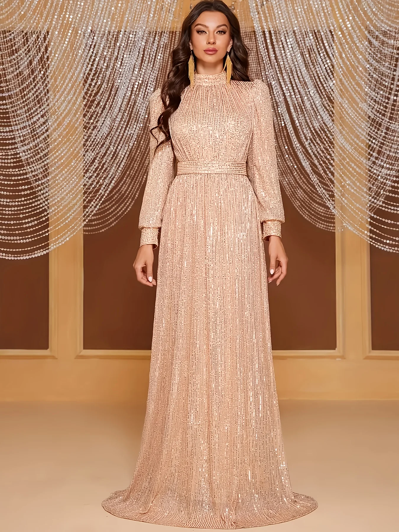 Elegante abito lungo retrò a maniche lunghe da donna: perfetto per eventi serali, matrimoni e feste