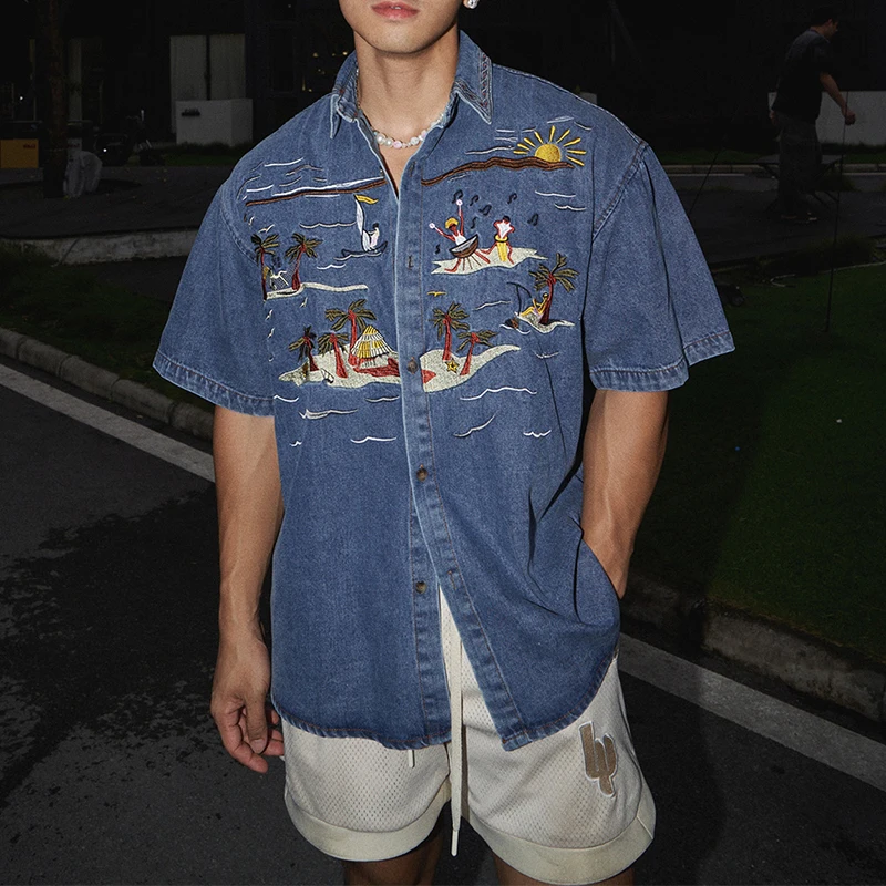 Casual Short Sleeve Denim Shirts for Mens Spring Summer Stylish Embroidery Denim Tops Men Vintage Button Turn-down Collar Shirt denim shirt