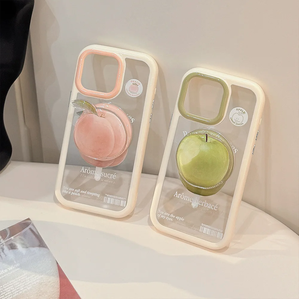 Korean Cartoon Green Apple Peach Magnetic Phone Case - Clear Shockproof Cover