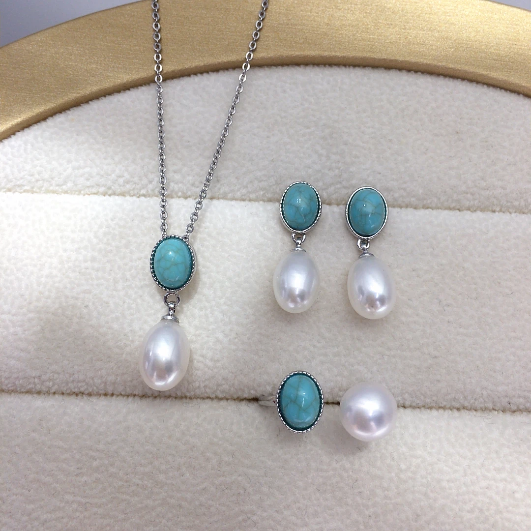 ZHBORUINI 2025 New Arrival Natural Freshwater pearl rice shaped set Fashion retro droplet shaped jewelry earrings rings pendants 2