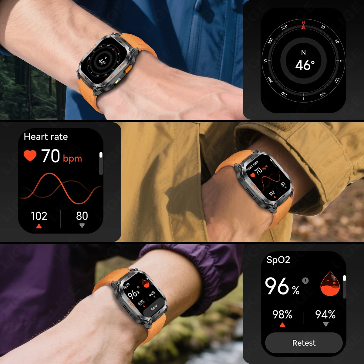 LIGE GPS Compass Smart Watch With Flashlight 630mAh 2.01" Large Screen Heart Rate Bluetooth Call Waterproof Men Smartwatch 2025