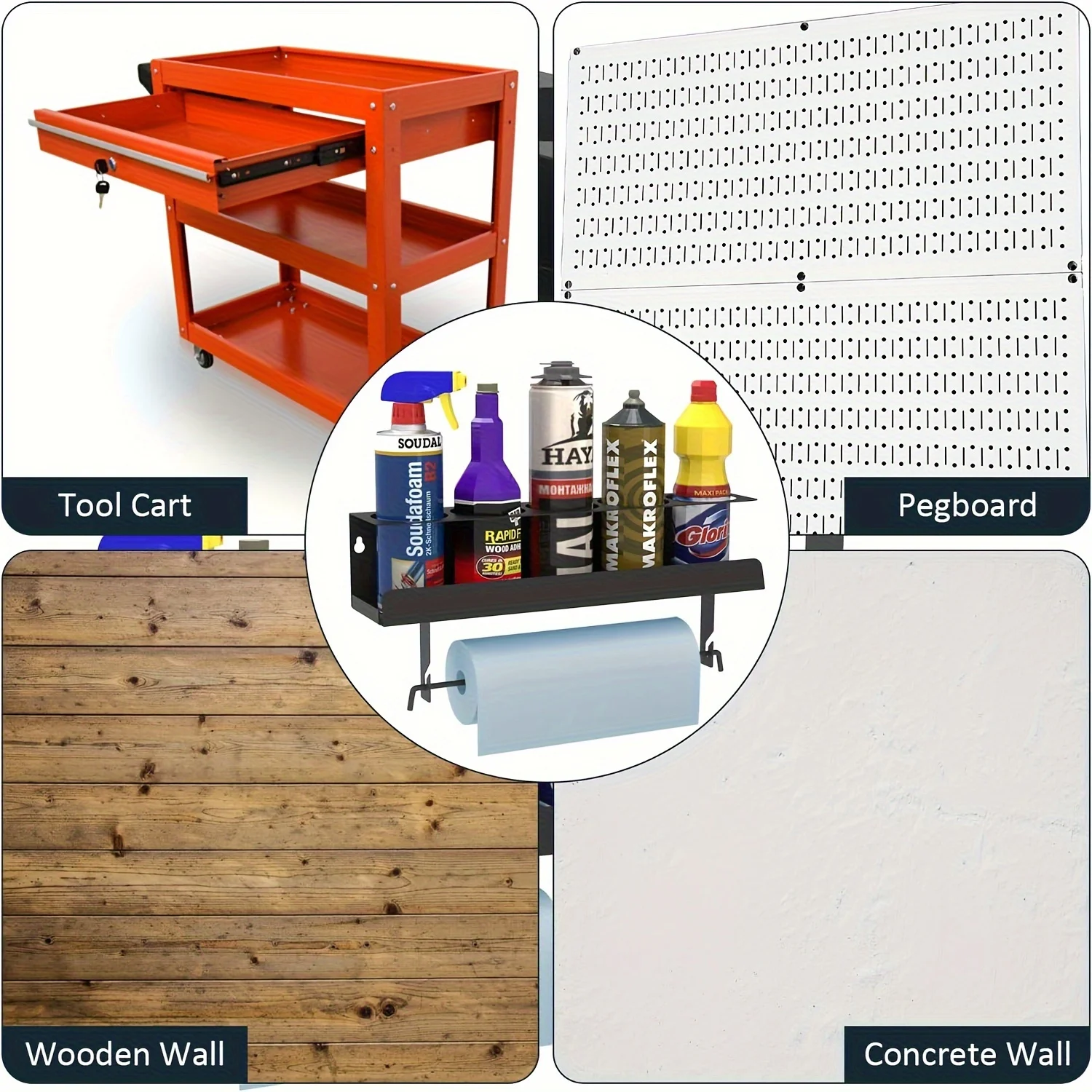 5Aerosol Spray Can/Paper Towel Holder,Paint Bottle Storage Rack,Steel Wall Mount Shelf,Tool Organizer for Garage,Craft Workspace 5
