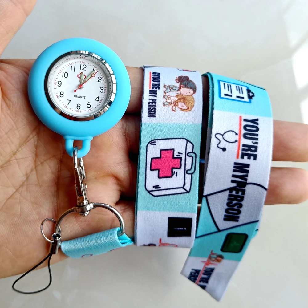Quartz Watch Pocket Watch Cartoon Printing Lanyards Rope Keychains Nurse Doctor Hospital Medical Name Card Holders Quartz Pocket Watches Hang Clock Gifts