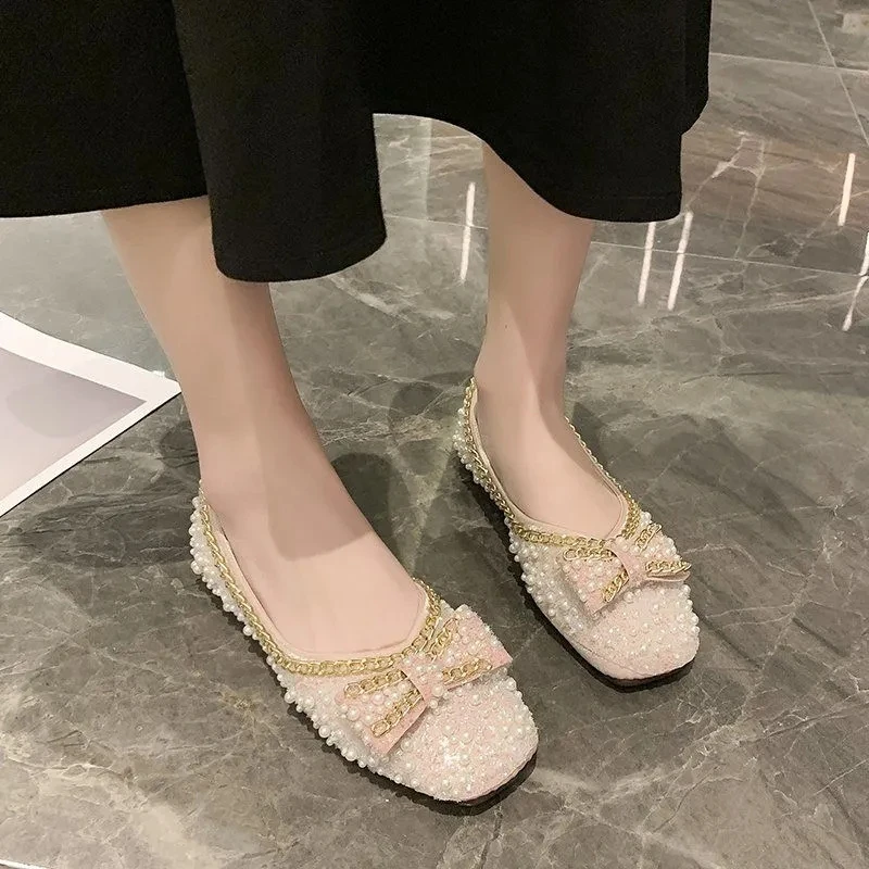 

2022 new spring and autumn women's fashion pearl bow party women's shoes comfortable beaded round toe maternity flat shoes