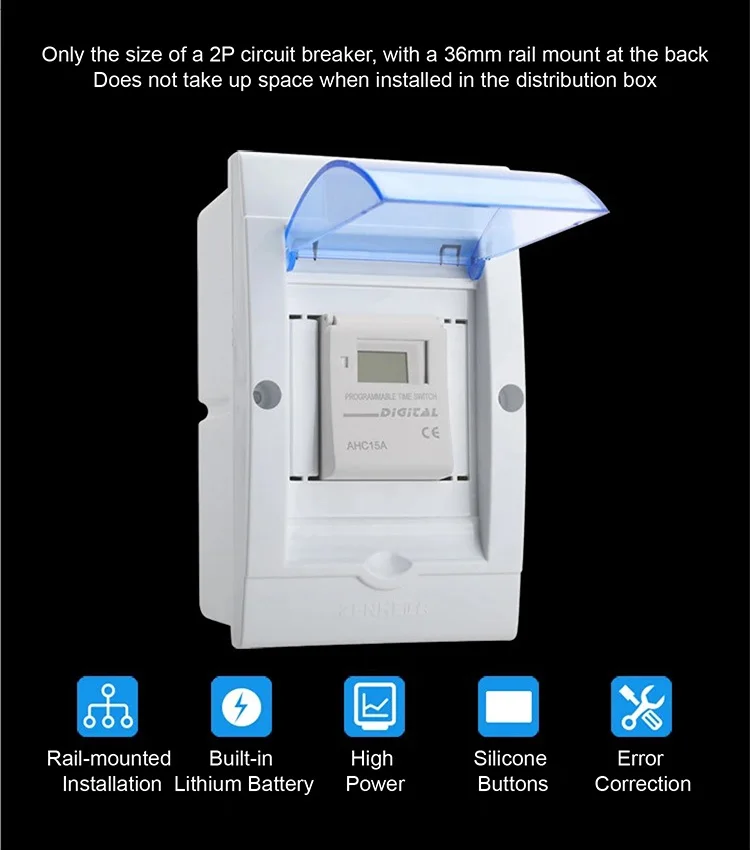 Vista posteriore che mostra i terminali dell'interruttore timer su guida DIN