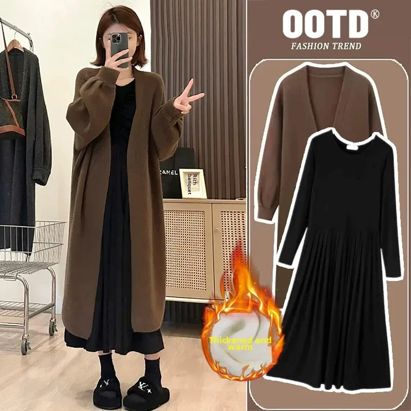 New Autumn Winter Set Loose Thickened Sweater Cardigan Pleated Base Dress Maternity Fashion Comfortable Soft Cotton Clothes