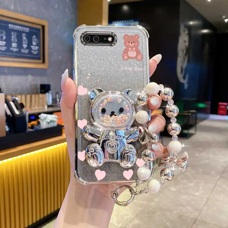 Pearl Strap Glitter Teddy Bear Phone Holder Case with Anti-Knock Stand Cover