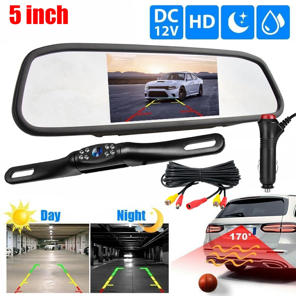 

5 inch LCD Rear View Mirror Monitor Reversing 8 LED Backup Camera Kit for Car MPV RV SUV Parking Easy Installation