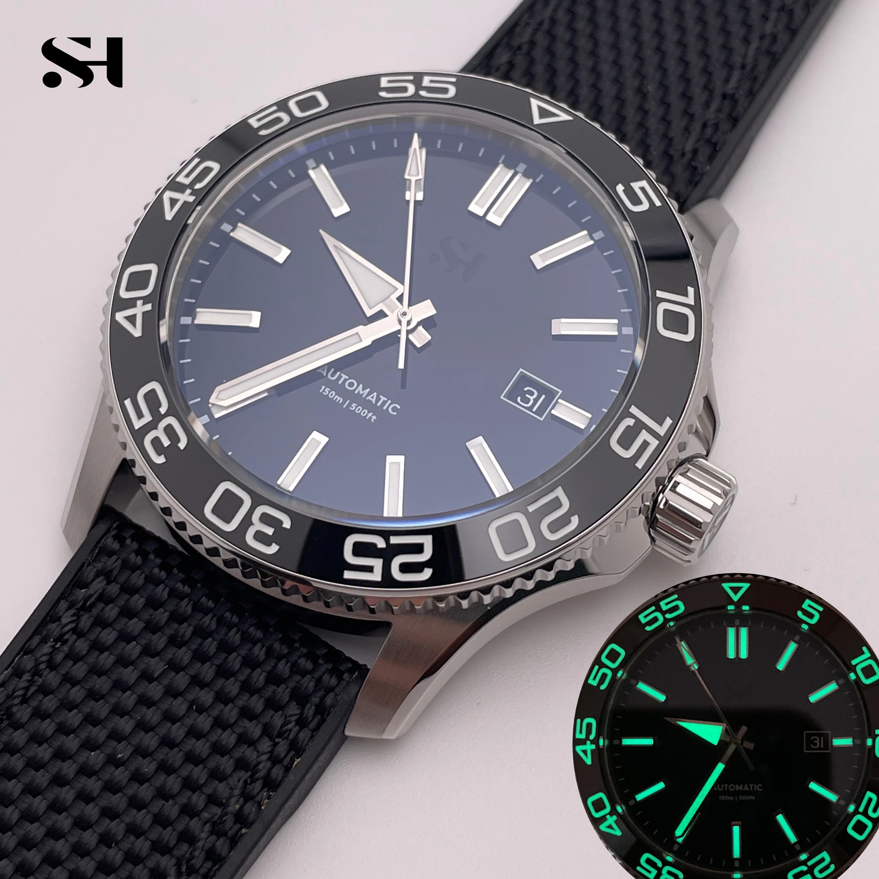 SH Enamel Automatic Diving Watch 150M Water Resistance Full Brushed Bracelet See-Through Back Watch for Men Free shipping Gift