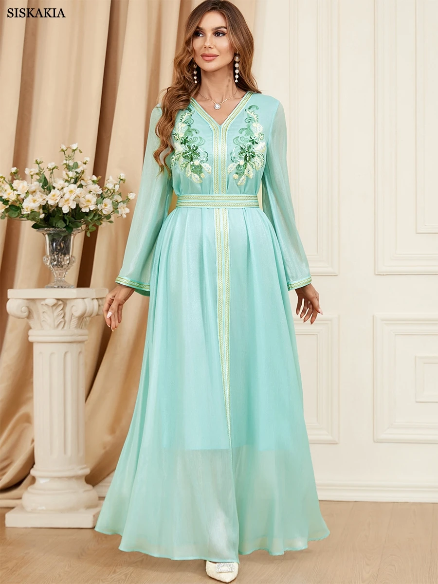 

Siskakia African Dubai Islamic Dress For Woman Evening Party Chic Sequins Full Sleeve V-Neck Belted Gown Jalabiya Moroccan Abaya