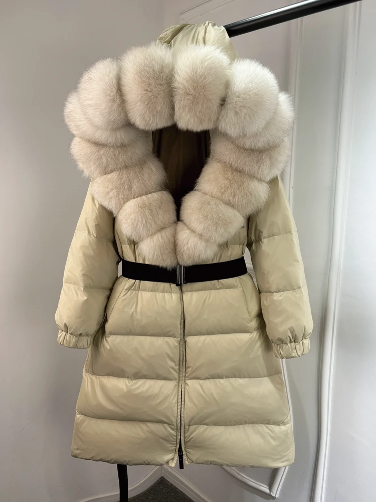 Janveny New Natural Thick Warm 90% White Duck Down Coat Long Winter Jacket Women Real Big Fox Fur Collar Belt Loose Puffer Parka 6