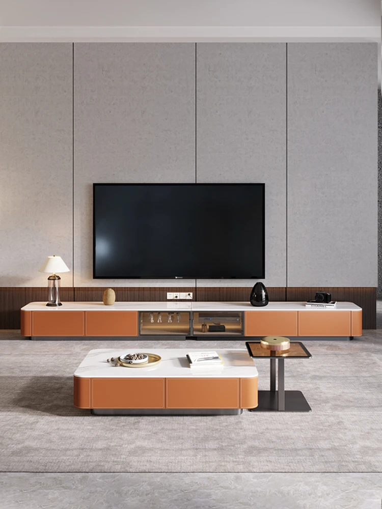 

Minimalist saddle leather elongated TV cabinet, modern simple small apartment designer, light luxury slate living room, super lo