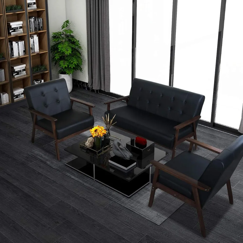 Medieval Wooden Armrest Sofa and Chair Set - Classic Style, Sturdy Structure, Easy to Assemble, Suitable for Office Sets 2